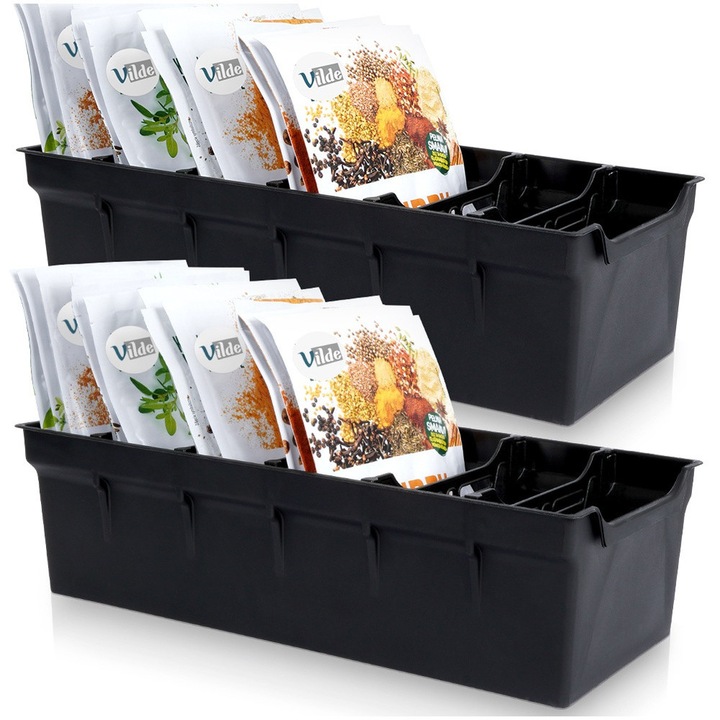 Комплект от 2 органайзера за подправки, Vilde, 30x13x8 см, Изпълнение от плътна пластмаса, Пет отделения за сортиране на подправки, Предназначен за пакети с подправки, Удобна употреба, Черен