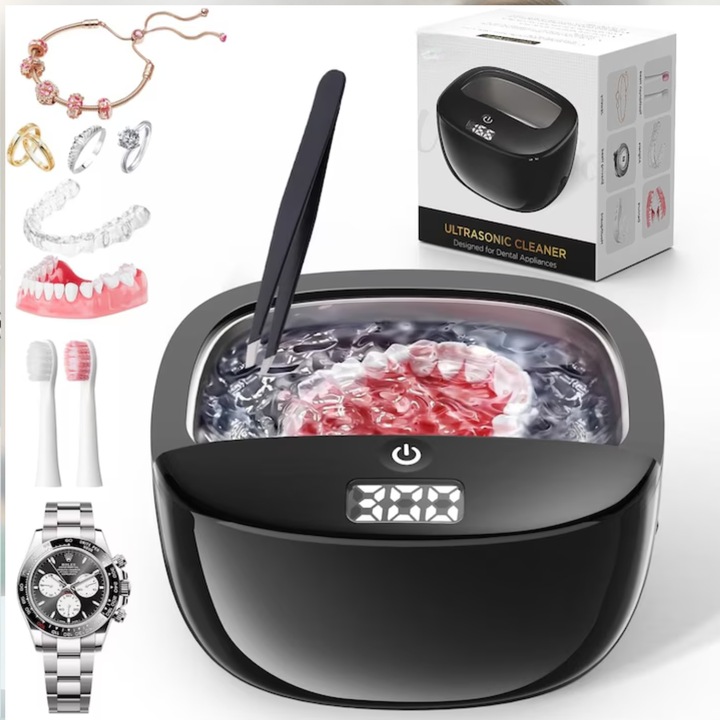 Curatator ultrasonic portabil FENIKEST Q3, pentru proteze, aparate dentare si bijuterii, 42kHz, 120ml, baterie 3000mAh, wireless, silentios, LED, timp 180/300s, otel inoxidabil, USB-C – negru