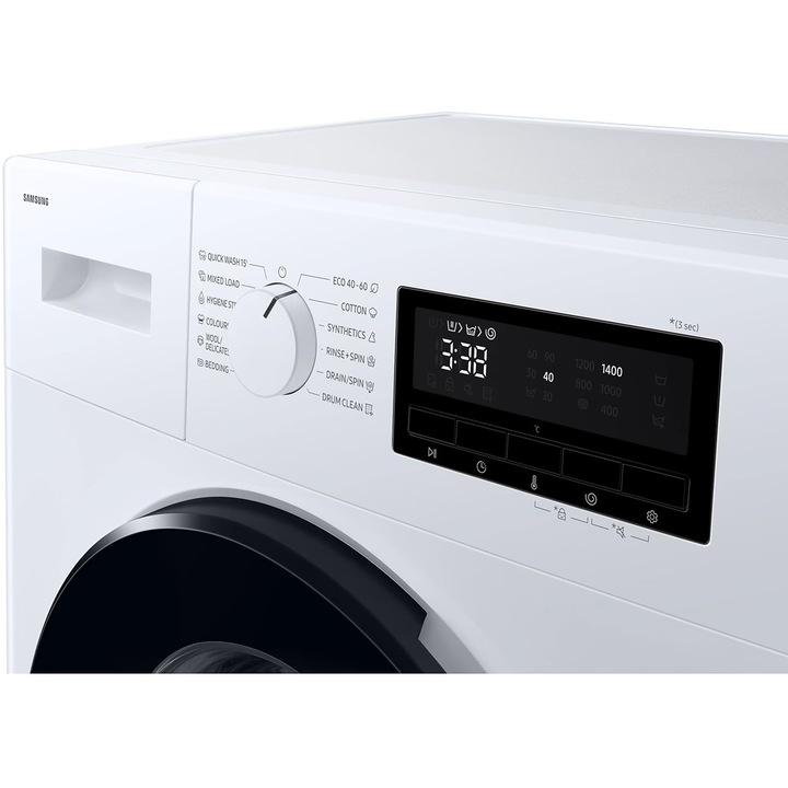Masina de spalat rufe Samsung WW80FG3M05AWLF, 8 kg, Slim, 1400 RPM, Clasa A, Hygiene Steam, Drum Clean, Afisaj LED, Siguranta copii, Alb