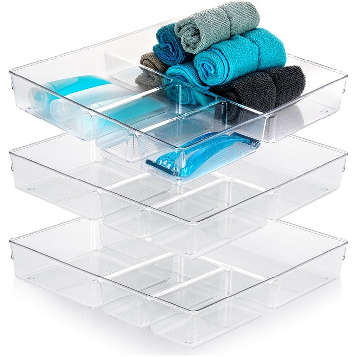 3 darabos fiókos rendszerező készlet, Vilde, 31x31x5,5 cm, kiváló minőségű anyagból készült, hőálló -40 °C és +50 °C között, sima fal a könnyű tisztítás érdekében, négy különböző méretű rekesz, átlátszó