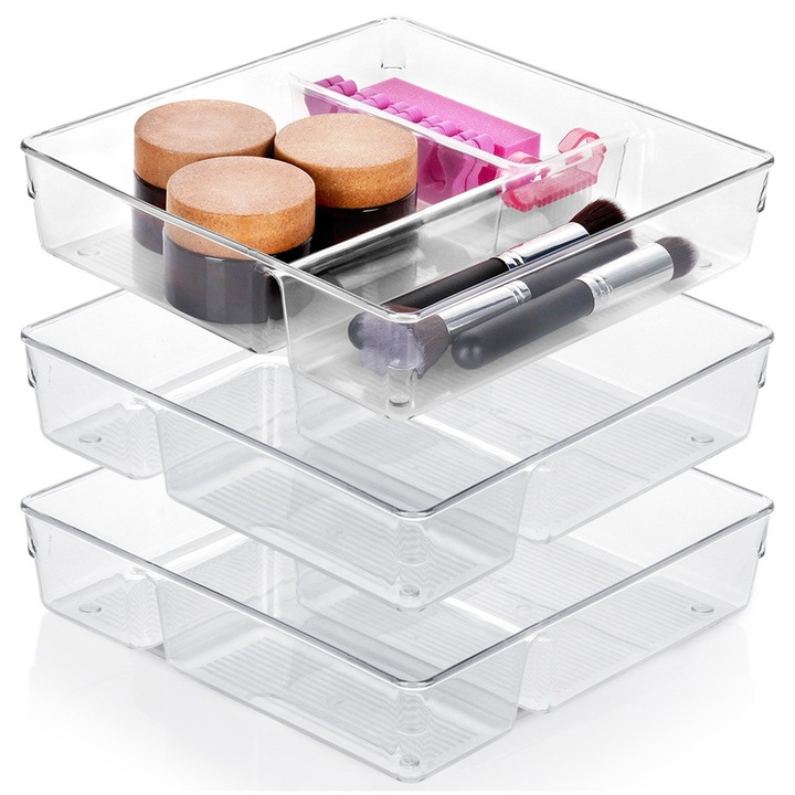 Set 3 Organizator Pentru Sertar Cu Compartimente, Vilde, 23x23x5.5 cm, Fabricat Dintr-Un Material De Inalta Calitate Rezistent La Temperaturi De La −40 °C La +50 °C, Perete Neted Usor De Curatat, Trei Compartimente, Transparent