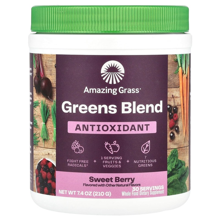 Amestec antioxidant Green Blend, Amazing Grass, 210 g, fructe si legume, aroma de zmeura