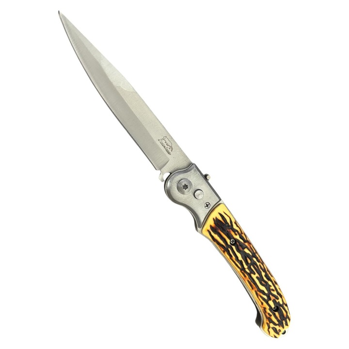 Briceag pliabil cu husa, lama 10,5 cm, lungime totala 26 cm, grosime lama 2 mm, maner imitatie corn, 130 g, AVI-5054