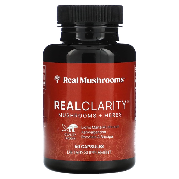 Supliment alimentar, Real Mushrooms, RealClarity, 60 capsule, Ashwagandha, Rozeniec gorski, Vegan