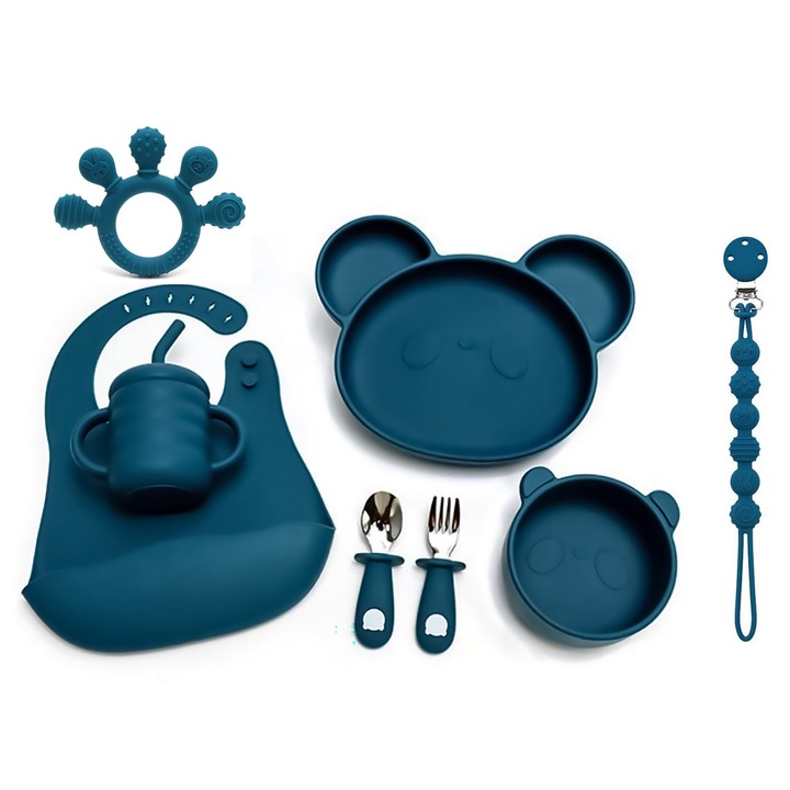 Set de hranire pentru bebelusi si copii, 8 piese, din silicon, fara BPA