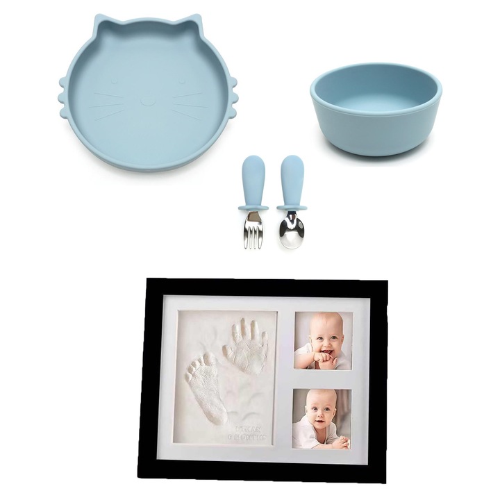 Set de hranire pentru bebelusi si copii, 4 piese, din silicon, fara BPA+Kit amprenta mulaj manuta sau piciorus bebe si rama foto, 23x28cm