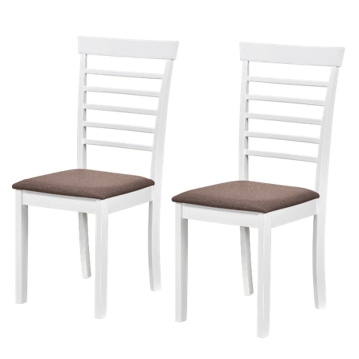 Set 2 scaune dining / bucatarie Drimus Montreal, lemn masiv, tapiterie stofa, sarcina maxima 100 kg, 94x49x40 cm, alb/maro