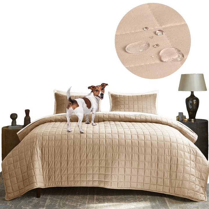 Cuvertură de pat matlasată, Bestcovers, Premium, impermeabilă, antiderapantă, bej, 220x240cm