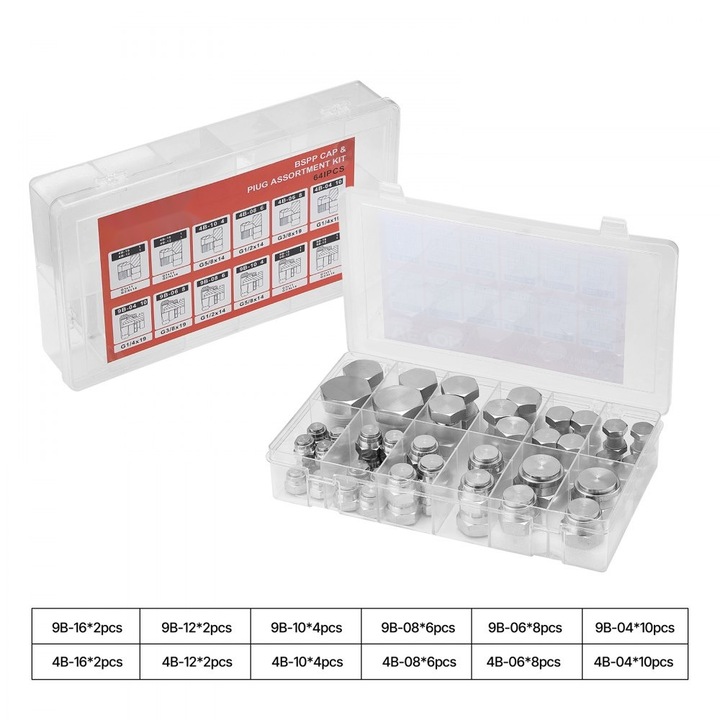 Kit adaptor hidraulic cu capac galvanizat, tip BSPP, potrivit pentru fitinguri, 64 buc., Material durabil, Montaj usor