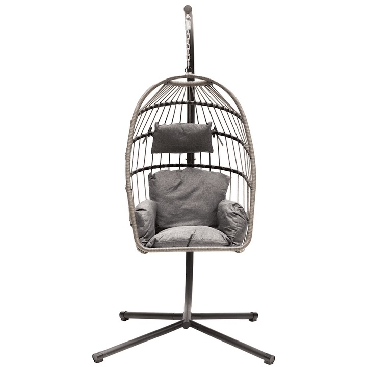 Fotoliu Leagan suspendat, pliabil JRH, cadru de sustinere, baza din otel, perne din material textil rezistent la UV si apa, pentru interior si exterior, Negru/Gri