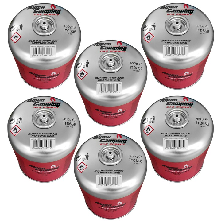 450 g-os Alpen kemping gázpatron. Tanúsítvány: Pi 0437, EN417 szabványnak megfelelően, propán-bután, -10°C és +40°C közötti hőmérséklet-tartomány, 7/16" IK020 menetes szelep, 6 darab