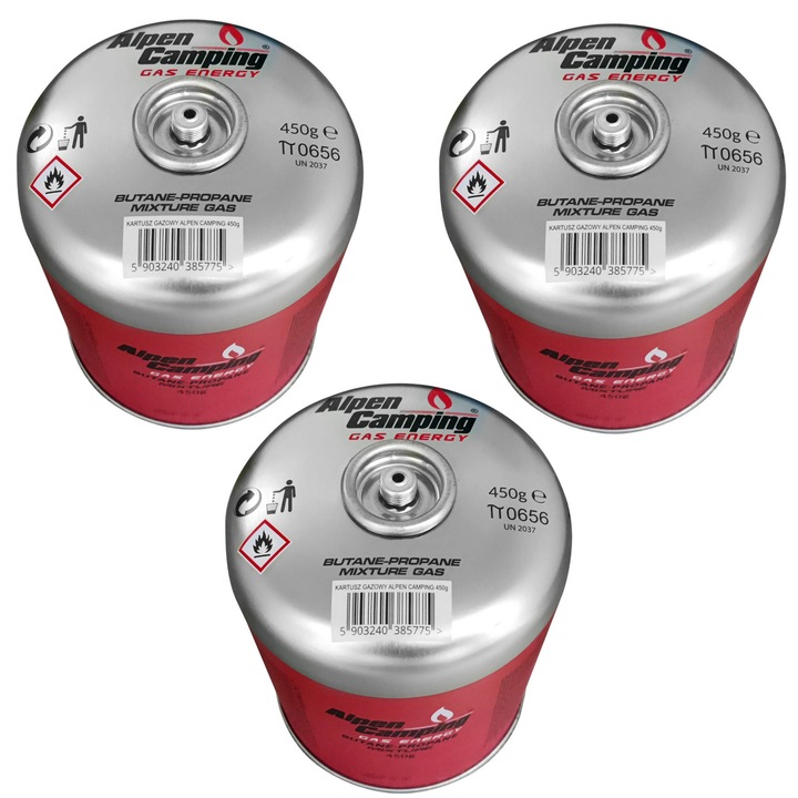 Alpen Camping gázpatron 450g, Tanúsítvány: Pi 0437, EN417 szabványnak megfelelően, propán-bután, -10°C és +40°C közötti hőmérséklet-tartomány, 7/16" IK020 menetes szelep, 3 db