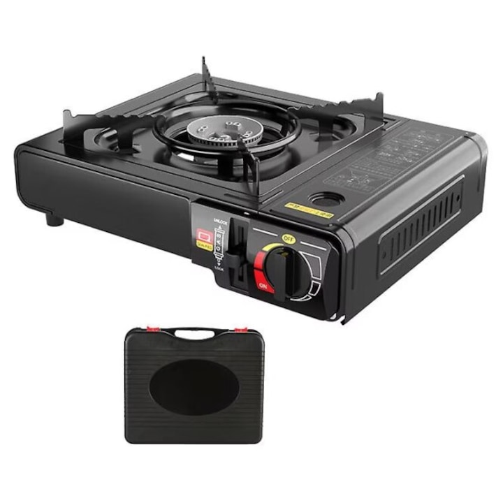 Aragaz Camping Profesional cu un Singur Arzator, Boxely, Aprindere Automata Piezzo, Dubla Alimentare Gaz si Butelie Spray, Gratar Emailat, Sistem de Siguranta cu Blocare Cartus, Cutie Transport cu Maner, Compact si Usor, Ideal pentru Camping