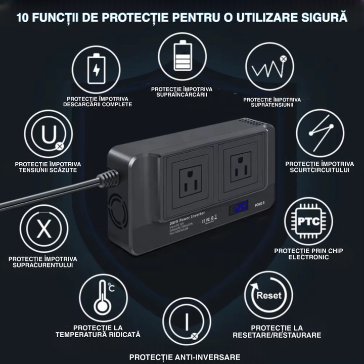 Autós inverter 12V-ról 220V-ra univerzális dupla aljzattal, 4 USB porttal, digitális kijelzővel, max. teljesítmény 400W
