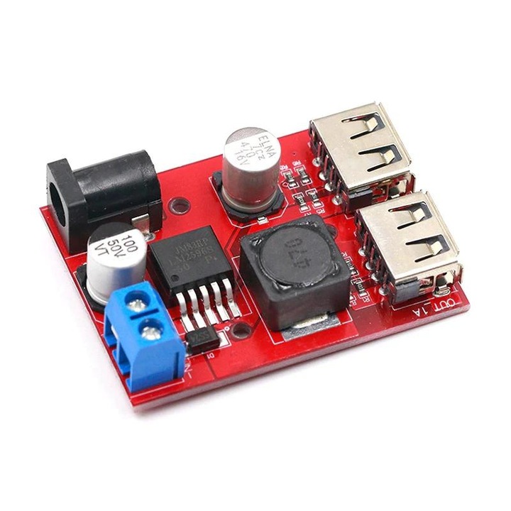 Convertor coborator tensiune step-down de la 6-40V la 5V, 3A cu 2 porturi USB, eficienta 92%