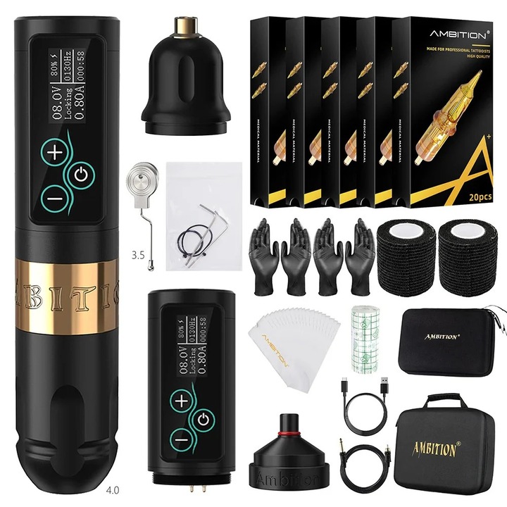 Vezeték nélküli tetoválókészlet, mag nélküli motor, 2400 mAh akkumulátor, 4,0 mm-es löket, ezüst