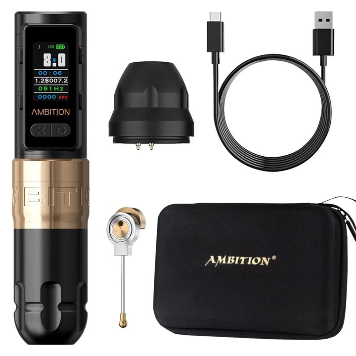 Tetoválógép, 2400 mAh vezeték nélküli akkumulátor, HD kijelző, mag nélküli motor, 4,0 mm-es löket, arany