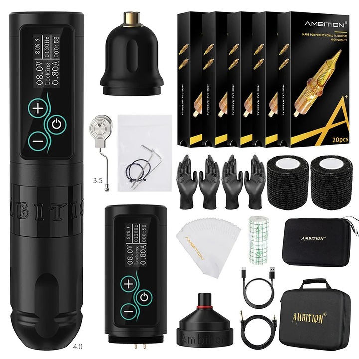 Vezeték nélküli tetoválókészlet, 2400 mAh akkumulátor, 80 tű, kefe nélküli motor, 4,0 mm-es löket, fekete