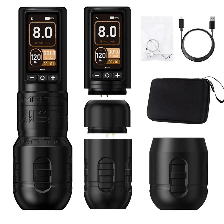 Tetoválógép, vezeték nélküli 2400mAh, lökethossz 4.0mm+4.5mm, kefe nélküli motor, fekete