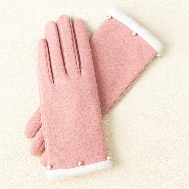 Manusi de Dama Elegante, cu Perle Decorative si Margine Pufoasa, Interior Calduros din Fleece, Protectie Impotriva Frigului Toamna-Iarna, Roz, PriStyle®