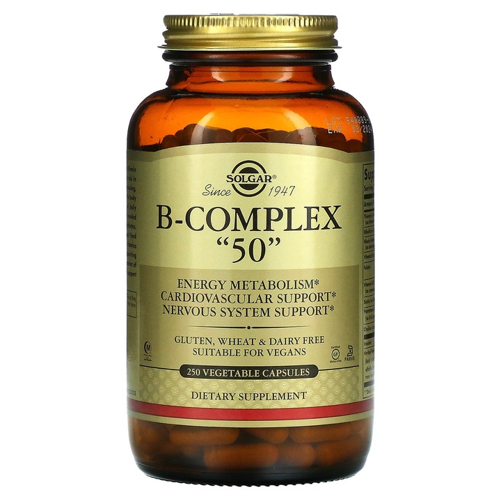 Solgar, B-Complex 50, 250 capsule vegetale, suport metabolism, vegan, fara gluten