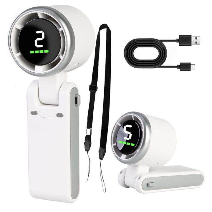 Преносим мини вентилатор Moatek, зареждане Type-C, електрически дисплей, 5 скорости, мощност 7W, бял