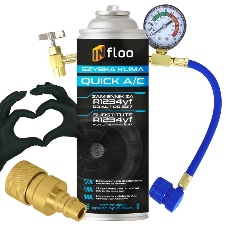 INfloo Quick A/C R1234yf Gáz + Tömlő nyomásmérővel + LP/HP adapter + AJÁNDÉK – Gyors autóklíma utántöltés