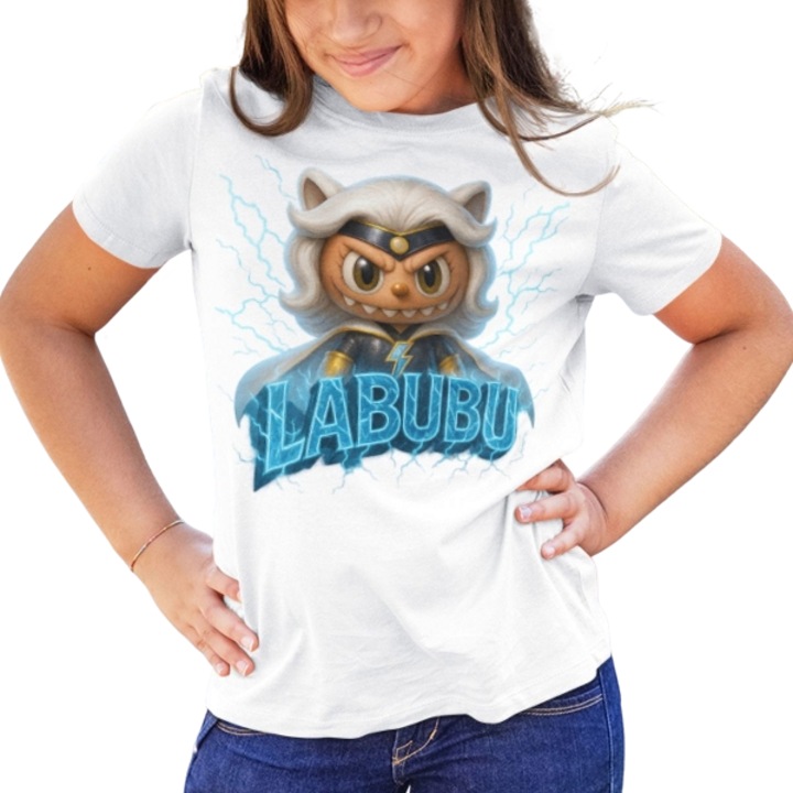 Személyre szabott gyerek póló Labubu Storm, Meme póló, 100% pamut, fehér, Fehér