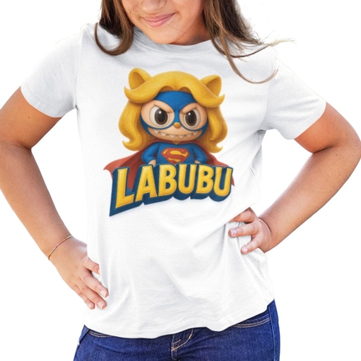 Személyre szabott gyermek póló Labubu Super Girl, Meme póló, 100% pamut, fehér, Fehér