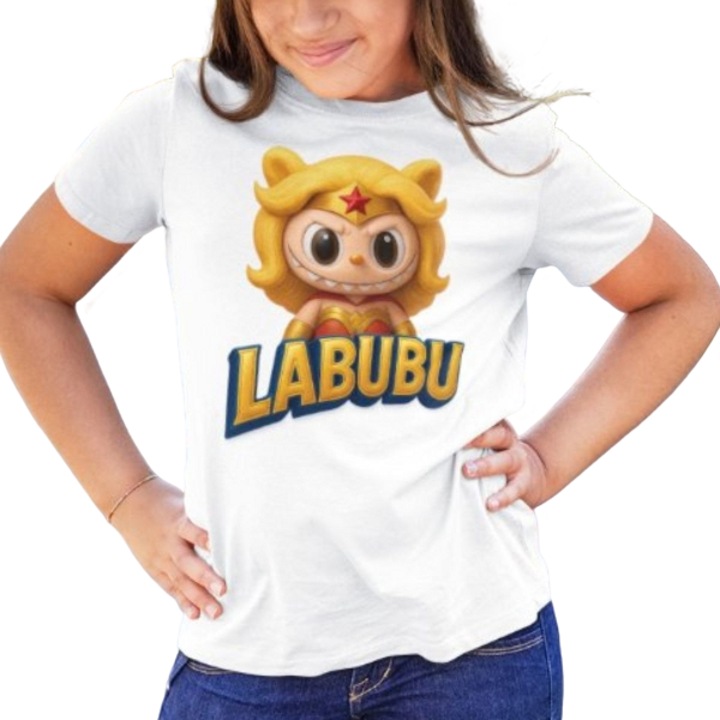 Személyre szabott gyerek póló Labubu Wonder Women, Meme póló, 100% pamut, fehér, Fehér