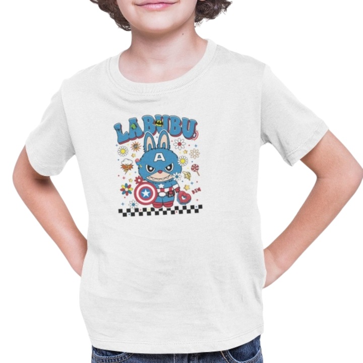 Személyre szabott gyerek Labubu Amerika Kapitány póló, mémekkel, 100% pamut, fehér, Fehér