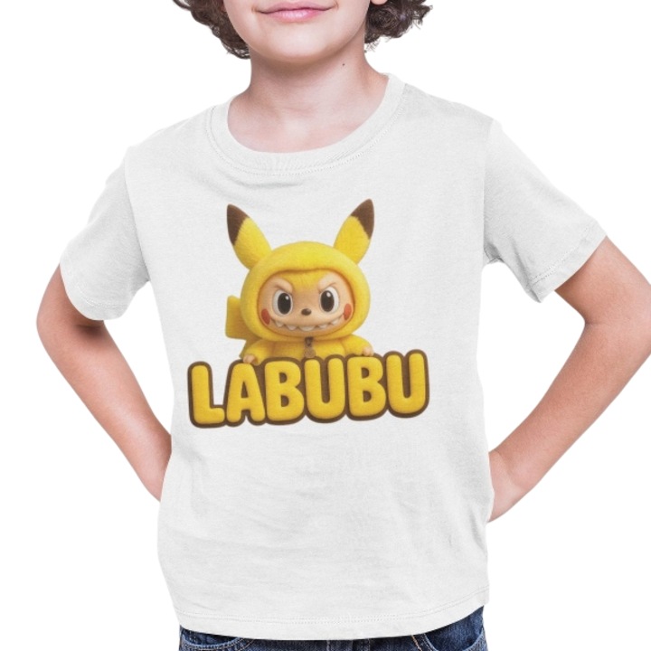Személyre szabott gyerek póló Labubu Pika, mém póló, 100% pamut, fehér, Fehér