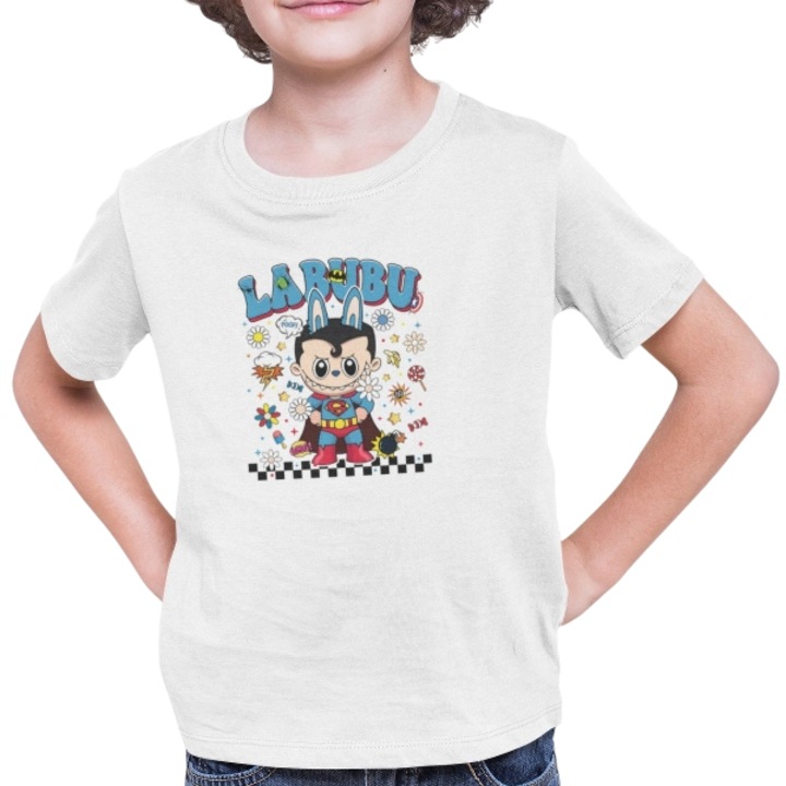 Személyre szabott gyerek Labubu Superman póló, mém póló, 100% pamut, fehér, Fehér