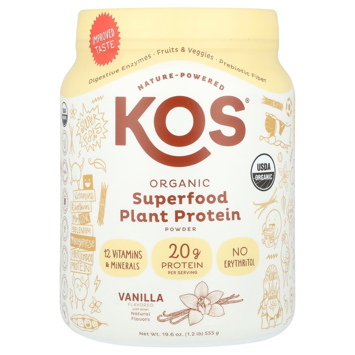 Proteine vegetale KOS, Superfood pulbere, vanilie, 555 g, 20 g proteine per portie, fara gluten