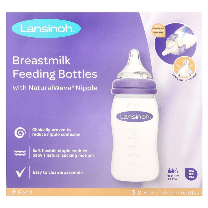 Biberoane Lansinoh, set 3 bucati, 240 ml, smocuri NaturalWave, anti-colici, fara BPA/BPS
