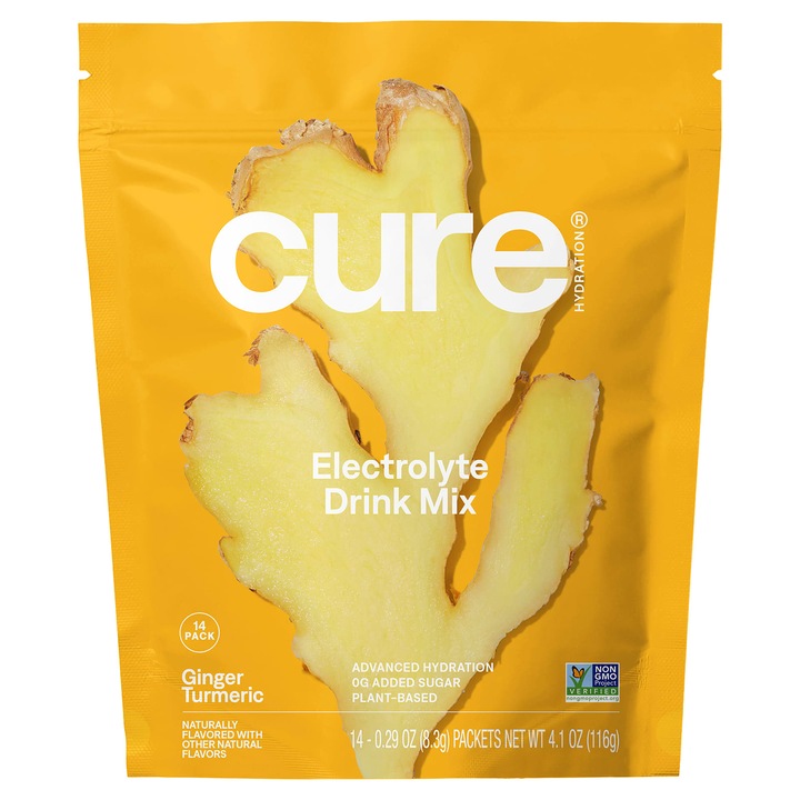 Supliment alimentar Cure Hydration, amestec de electroliti cu ghimbir si curcuma, set de 14 plicuri, 8,3 g fiecare, fara zahar, vegan
