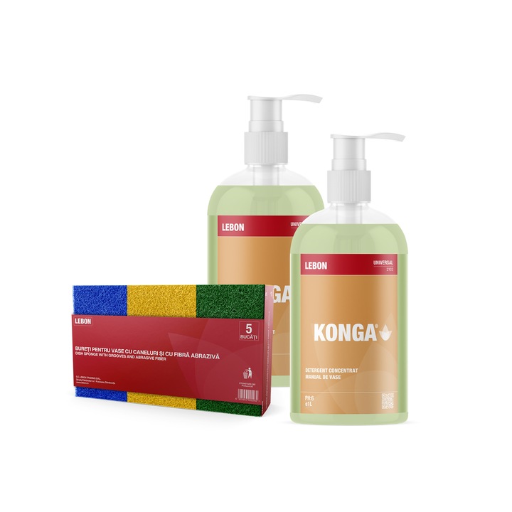 Set de Curatare Vase: Set - 2 x 1000ml cu pompita, Detergent Pentru Vase si Oale Extra, Konga Profesional + Burete de vase cu caneluri si fibra abraziva - 5 bucati / pachet - multicolor