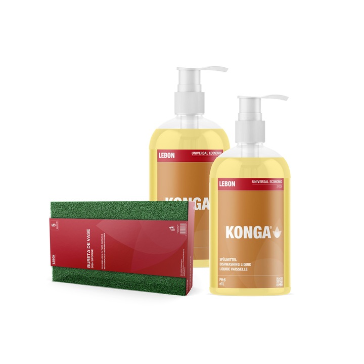 Set de Curatare Vase: Set - Detergent Universal pentru Vase, Konga, 5L + Burete de vase cu caneluri si fibra abraziva - 5 bucati / pachet - verde cu galben