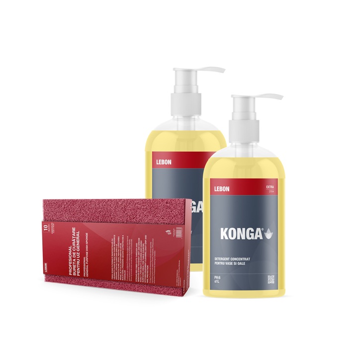 Set de Curatare Vase: Set - 2 x 1000ml cu pompita, Detergent Pentru Vase si Oale Extra, Konga Profesional + Burete de curatare profesional pentru curatare foarte puternic - Rosu cu galben - 10 bucati / pachet