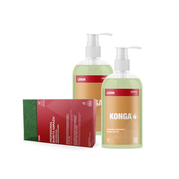 Set de Curatare Vase: Set - 2 x Detergent Universal pentru Vase, Konga, 1000ml cu Pompita + Burete de curatare profesional - Classic - Verde cu galben - 10 bucati / pachet