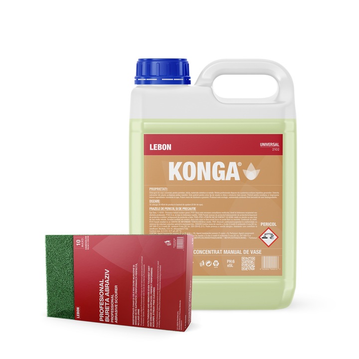 Set de Curatare Vase: Set - Detergent Universal pentru Vase, Konga, 5L + Burete de curatare profesional - Classic - Verde cu galben - 10 bucati / pachet