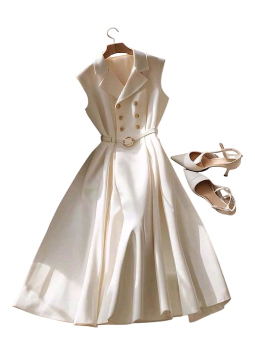 Rochie eleganta, stil sacou, cu nasturi si curea, crem, XL