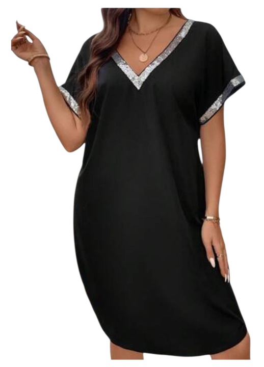 Rochie plus size, neagra, eleganta, cu detalii argintii, 3XL