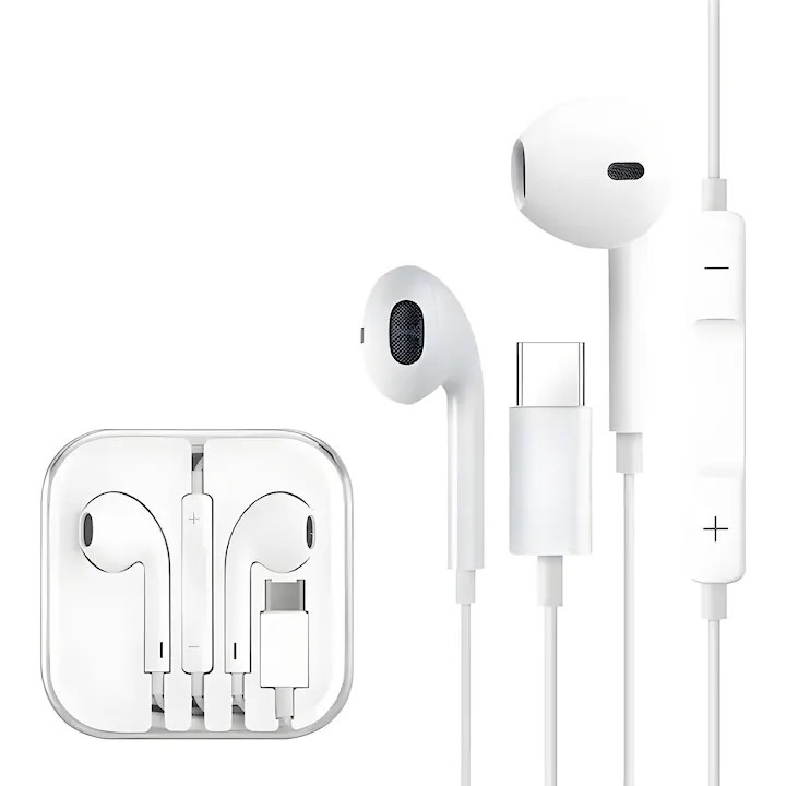 Жични слушалки, стерео, TFEHRUN®, мощен бас, вграден микрофон, USB Type-C, In-Ear с дистанционно управление за разговори/сила на звука, Бели