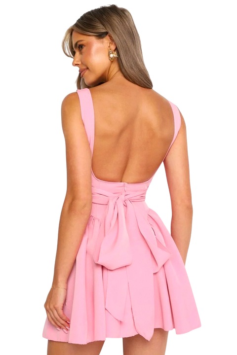 Rövid babydoll ruha, NAGY, nyitott háttal és masnival, RÓZSASZÍN, Univerzális S/M/L méret, FashionForYou