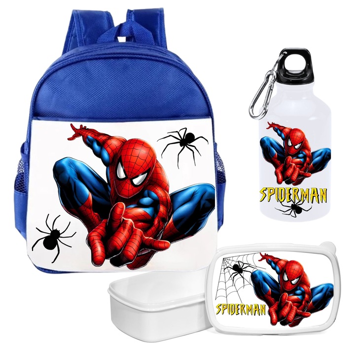 Set ghiozdan, bidon de apa si caserola, pentru depozitat mancare, de tip, Lunchbox”, cu imprimeu Spiderman