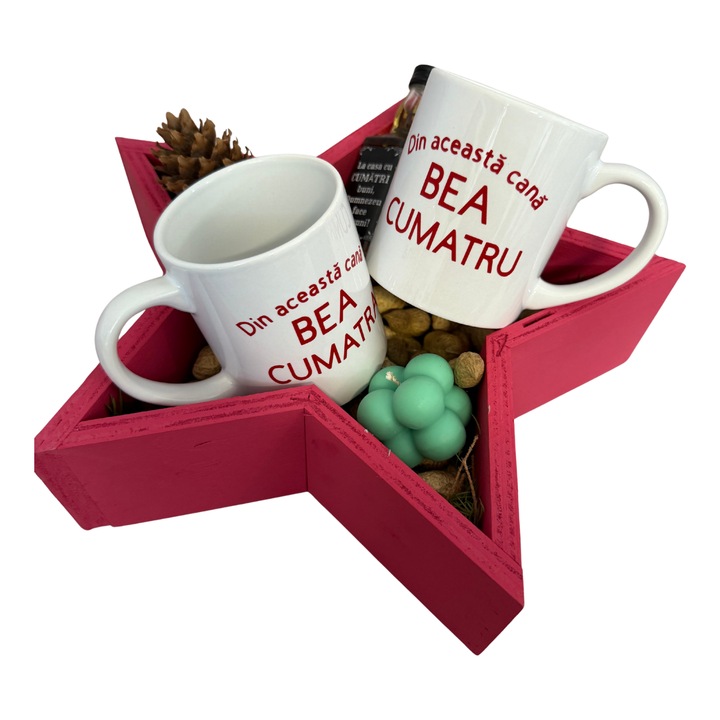 Set pentru cumatri in cutie stea decorativa, 2 cani personalizate, lumanare parfumata, Jack Daniels 50 ml, alune de pamant
