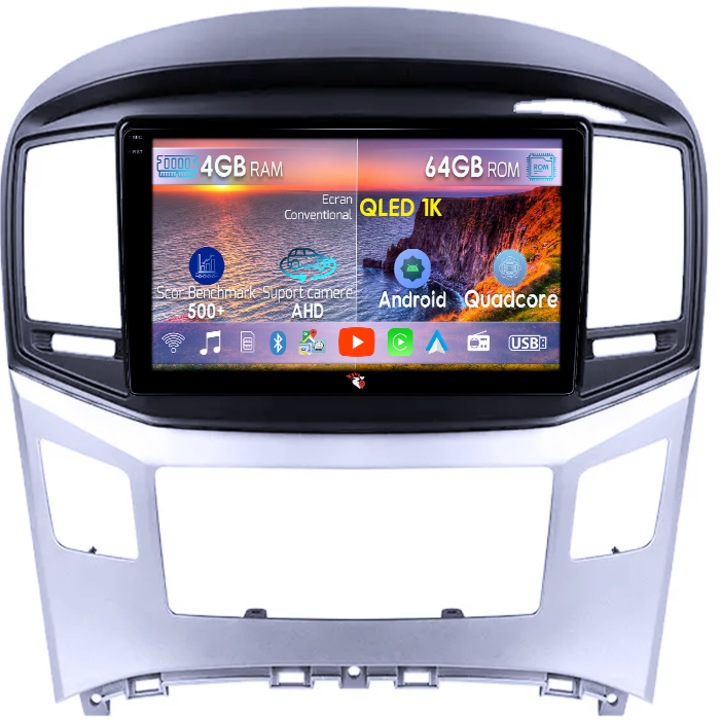 Navigatie dedicata Hyundai H1 2017 - 2018, 4GB RAM 64GB ROM, Octacore, Android 14, Display QLED 1K 9", DSP, Carplay&Android Auto, Suport camere AHD, SIM 4G