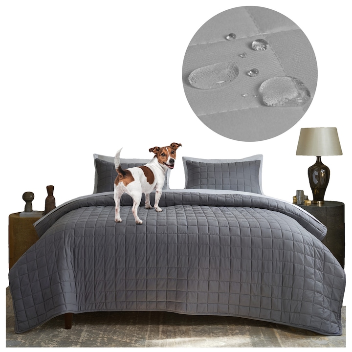 Cuvertura de pat matlasata, 5 straturi, 100% impermeabila, antiderapanta, 220 x 240 Bestcovers Premium gri
