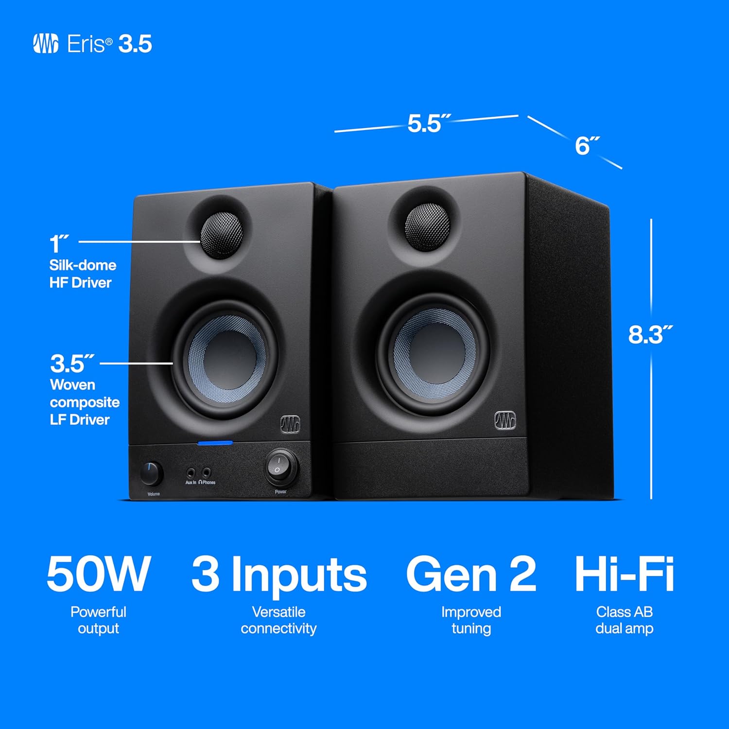 Monitoare de studio PreSonus Eris 3.5 MK2, pereche — boxe de monitor active, amplificate, pentru productie muzicala, audio Hi-Fi